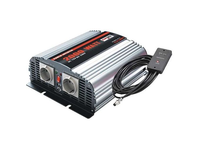 Měnič napětí Carspa MSD2000UR-122, 12V/230V+USB 2000W, modifikovaná sinus, dálkové ovládání na kabelu, digital display