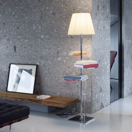 Flos Bibliotheque Nationale, stojací lampa s difusorem ze světle hnědé látky, design Philippe Starck, 1x150W E27, 150cm