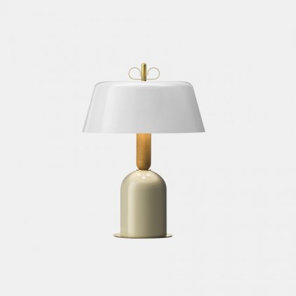 Il Fanale Bon Ton, stolní lampa z mosazi, dřeva, béžová základna, bílé stínítko, 3x30W E14, výška 56,9cm