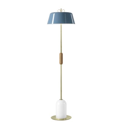 Il Fanale Bon Ton, stojací lampa z mosazi, dřeva, bílá základna, modré stínítko, 3x30W E14, výška 155,7cm