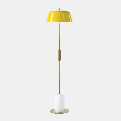 Il Fanale Bon Ton, stojací lampa z mosazi, dřeva, bílá základna, žluté stínítko, 3x30W E14, výška 155,7cm