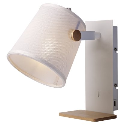 Mantra Nordica II, nástěnné svítidlo s USB a malou poličkou, 1x23W E27,kov-bílá/dřevo, stínítko z bílé textilie, výška 32cm