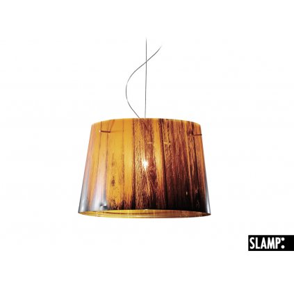 Slamp Woody, designové závěsné svítidlo s oranžovo-černým stínítkem v dekoru dřeva, 1x100W, prům. 37cm