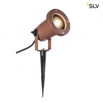 SLV Nautilus Spike 15, venkovní reflektor s trnem a vidlicí do zásuvky, 1x11W GU10, rez, délka 15,5cm, IP65
