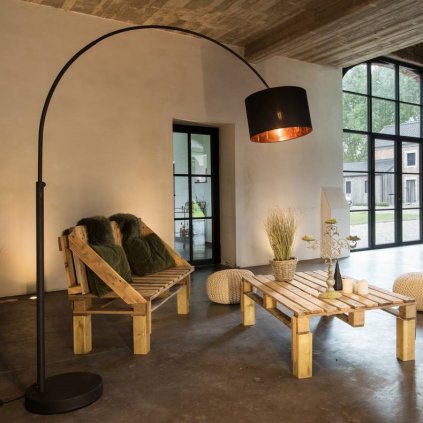 SLV Fenda, oblouková desingová černá stojací lampa s černobronzovým textilním stínítkem 1x E27, vypínač, výška 228cm
