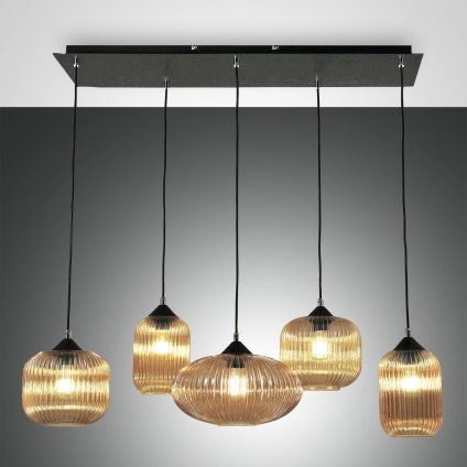 Fabas Gillis, závěsné svítidlo z jantarového skla, 5x40W E27, délka 90cm