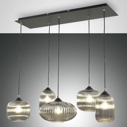 Fabas Gillis, závěsné svítidlo z šedého skla, 5x40W E27, délka 90cm