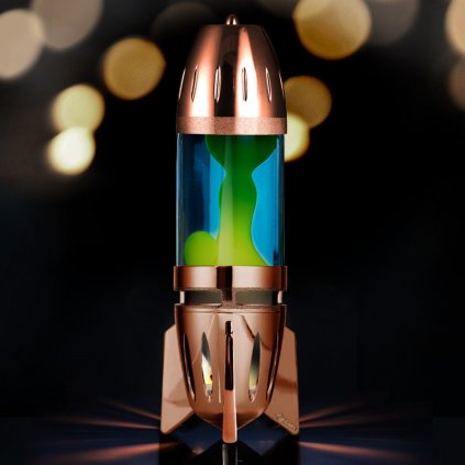 Mathmos Fireflow R1 Copper, originální lávová lampa měděná s modrou tekutinou a žlutou lávou, pro čajovou svíčku, výška 24cm