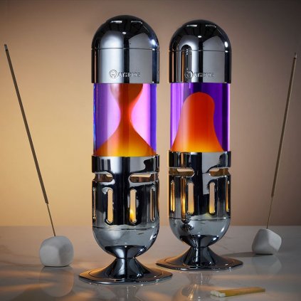 Mathmos Pod silver, originální lávová lampa stříbrná s fialovou tekutinou a oranžovou lávou, pro čajovou svíčku, výška 25cm
