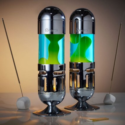 Mathmos Pod silver, originální lávová lampa stříbrná s modrou tekutinou a žlutou lávou, pro čajovou svíčku, výška 25cm