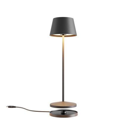 Redo La Nuit, moderní venkovní stolní lampa na baterii LED 2,2W 2700-3000K, stmívatelná, USB, svítí 9hod, kulatá antracitová, výška 36cm, IP65