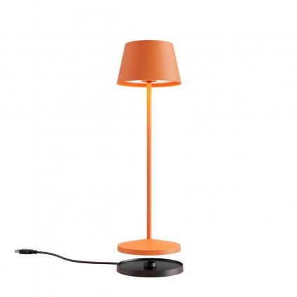 Redo La Nuit, moderní venkovní stolní lampa na baterii LED 2,2W 2700-3000K, stmívatelná, USB, svítí 9hod, kulatá oranžová, výška 36cm, IP65