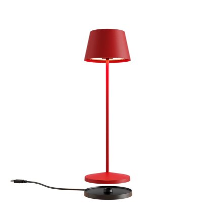 Redo La Nuit, moderní venkovní stolní lampa na baterii LED 2,2W 2700-3000K, stmívatelná, USB, svítí 9hod, kulatá červená, výška 36cm, IP65