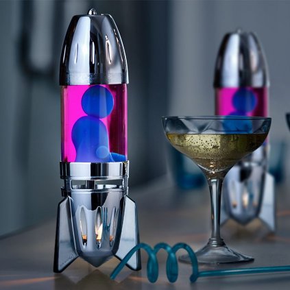 62688 1 mathmos fireflow r1 silver originalni lavova lampa stribrna s ruzovou tekutinou a modrou lavou pro cajovou svicku vyska 24cm