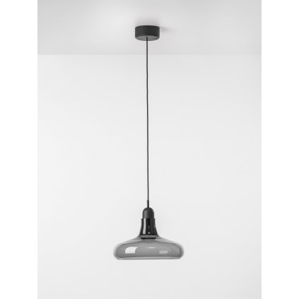 Brokis Shadows, závěsné svítidlo z foukaného skla, černé kouřové sklo/ černý dub/ černý kabel, 5W LED, prům. 25cm