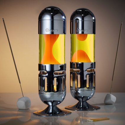 Mathmos Pod silver, originální lávová lampa stříbrná se žlutou tekutinou a oranžovou lávou, pro čajovou svíčku, výška 25cm