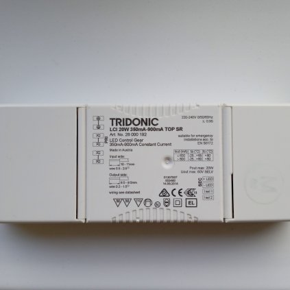 Tridonic 28000192 proudový zdroj 20W s nastavitelným výstupním proudem 350mA-900mA, včetně nastavovacího odporu pro 500mA