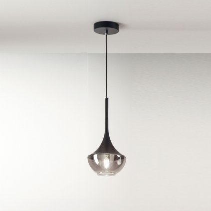 Fabas Apollo, černé závěsné svítidlo s kouřovým sklem, 1xE27, průměr 20cm