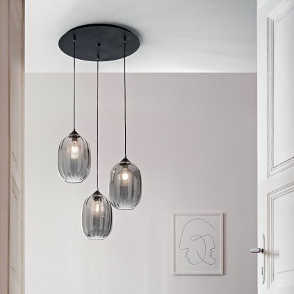 Fabas Infinity, černé závěsné svítidlo kov/kouřové sklo, 3xE27, průměr 58cm