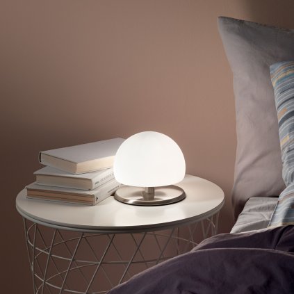 Fabas Morgana, dotyková stolní lampa satinovaný nikl/mléčné sklo, 1xG9 33W, průměr 15cm
