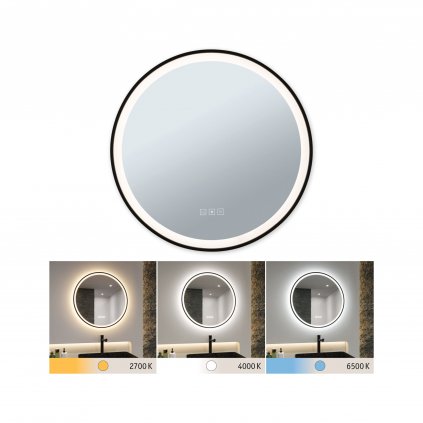 Paulmann Mirra, stmívatelné kulaté zrcadlo s osvětlením a funkcí odmlžení, 11,5W LED White Switch, černá, průměr 59cm, IP44