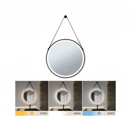 Paulmann Mirra, osvětlené kulaté zrcadlo s koženým závěsem, stmívatelné, funkce odmlžení, 11,5W LED White Switch, černá, průměr 59cm, IP44