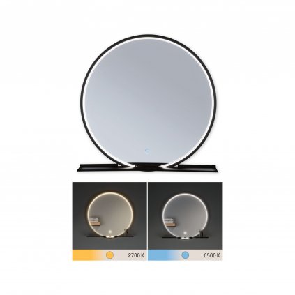 Paulmann Miro, kulaté zrcadlo s osvětlením a s policí, 10,5W LED Tunable White, černá, průměr 50cm, IP44