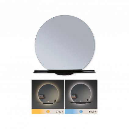 Paulmann Miro, kulaté zrcadlo s podsvícením a s policí, 11W LED Tunable White, černá, průměr 50cm, IP44