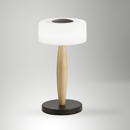 Fabas Elea, dotyková stolní lampa černá/dřevo/bílé sklo, 8W LED 3000K, výška 29cm