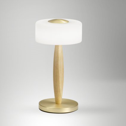 Fabas Elea, dotyková stolní lampa mosaz/dřevo/bílé sklo, 8W LED 3000K, výška 29cm