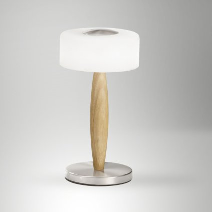 Fabas Elea, dotyková stolní lampa nikl/dřevo/bílé sklo, 8W LED 3000K, výška 29cm