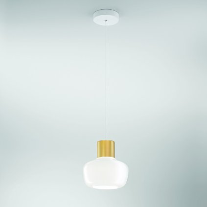 Fabas Kino, závěsné svítidlo z bílého skla a zlatého kovu, 1x12W LED 3000K krokové stmívání, prům. 22cm