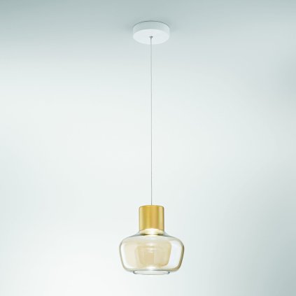 Fabas Kino, závěsné svítidlo z čirého skla a zlatého kovu, 1x12W LED 3000K krokové stmívání, prům. 22cm