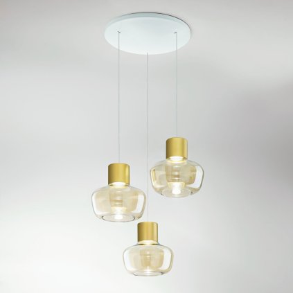 Fabas Kino, závěsné svítidlo z čirého skla a zlatého kovu, 3x12W LED 3000K krokové stmívání, prům. 35,1cm