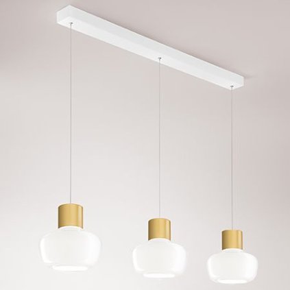 Fabas Kino, závěsné svítidlo z bílého skla a zlatého kovu, 3x12W LED 3000K krokové stmívání, délka 92cm