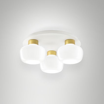Fabas Kino, stropní svítidlo z bílého skla a zlatého kovu, 3x12W LED 3000K krokové stmívání, prům. 50cm