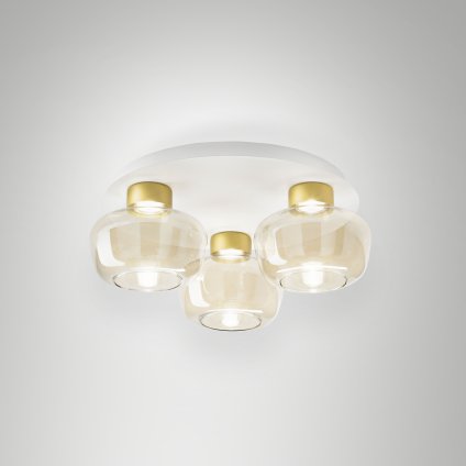 Fabas Kino, stropní svítidlo z čirého skla a zlatého kovu, 3x12W LED 3000K krokové stmívání, prům. 50cm