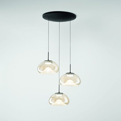 Fabas Brena, závěsné svítidlo z jantarového skla, 3x10W LED 2700/3000/4000K krokové stmívání, prům. 35cm