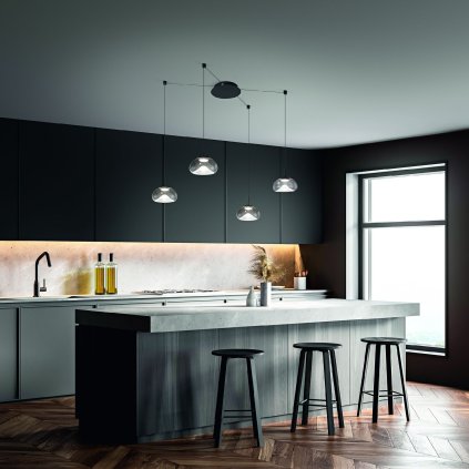 Fabas Brena, závěsné svítidlo z čirého skla, 4x10W LED 2700/3000/4000K krokové stmívání, prům. 22cm