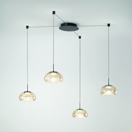 Fabas Brena, závěsné svítidlo z jantarového skla, 4x14W LED 2700/3000/4000K krokové stmívání, prům. 22cm