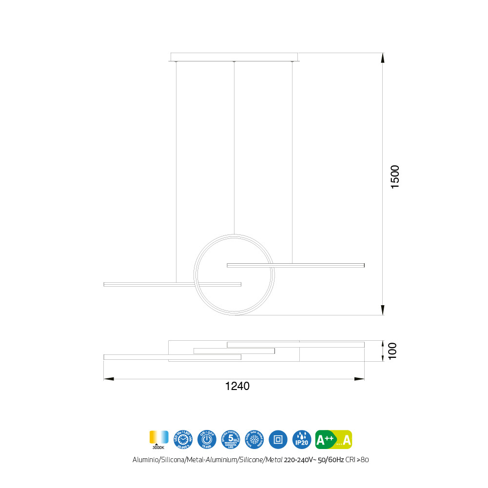 24306 5 mantra kitesurf zavesne moderni cerne svitidlo 50w led 3000k delka 124cm_rozmery
