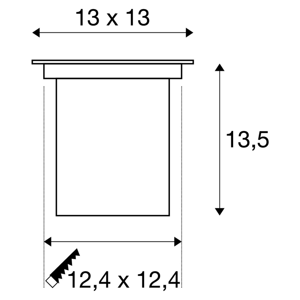 44232 11 slv dasar 70 square zapustne svitidlo do zeme 1xgu10 nerez s nastavitelnym smerem sviceni 13 x 13cm ip67_rozmery