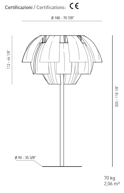 5922 3 axolight plumage pt 180 stojaci designova lampa ze zeleneho textilu 6x70w vyska 300cm_rozmery