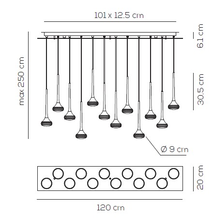 5982 9 axolight fairy designove linearni zavesne svitidlo 12x6 4w led chrom kristalove sklo delka 120cm_rozmery