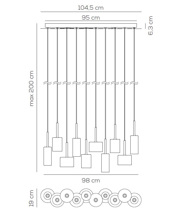 6309 11 axolight spillray 10 zavesne svitidlo z bronzem pokoveneho skla led 10x1 5w g4 delka 104 5cm_rozmery
