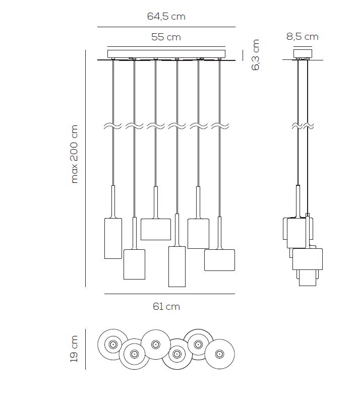 6360 11 axolight spillray 6 zavesne svitidlo z bronzem pokoveneho skla led 6x1 5w g4 delka 64 5cm_rozmery