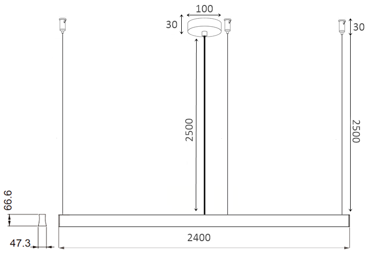 Mantra Hanok, lineární černé závěsné svítidlo LED 76W 4000K 50°, délka 240cm_rozmery