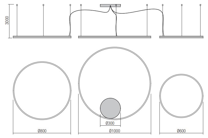 Redo Orbit direct, závěsné kruhové svítidlo, 40,5+55+68W LED 4000K stmívatelné TRIAC , bílá, prům. 60+80+100cm_rozmery