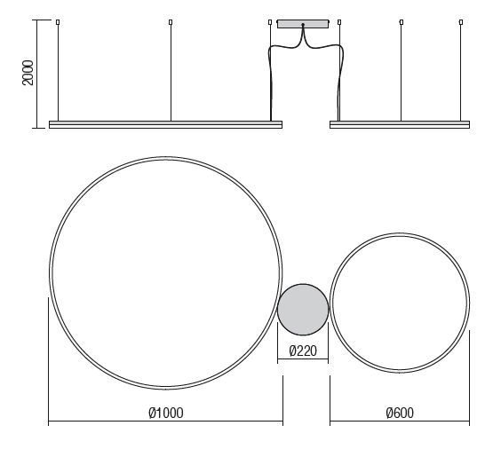 Redo Orbit direct, závěsné kruhové svítidlo, 40,5+68W LED 4000K stmívatelné DALI, černá, prům. 60+100cm_rozmery