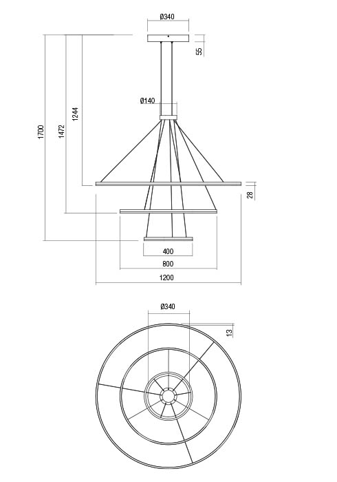 Redo Orbit direct, závěsné kruhové svítidlo, 151W LED 4000K stmívatelné TRIAC , černá, prům. 40+80+120cm_rozmery